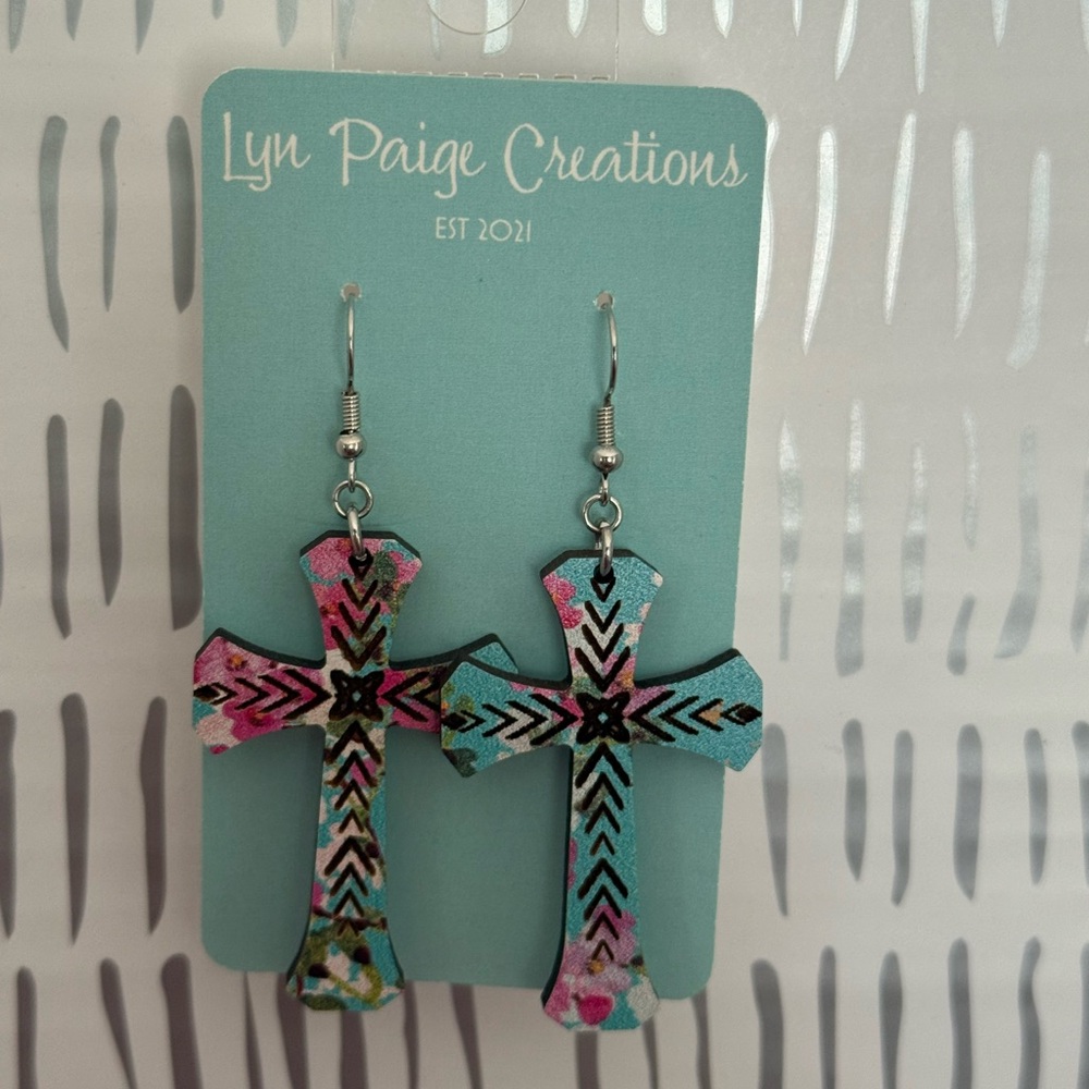 Floral Wooden Cross Earrings